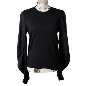 Veronica Beard Black Knit Top Sweater Merino Wool Body Silk-Sleeves Women Size L